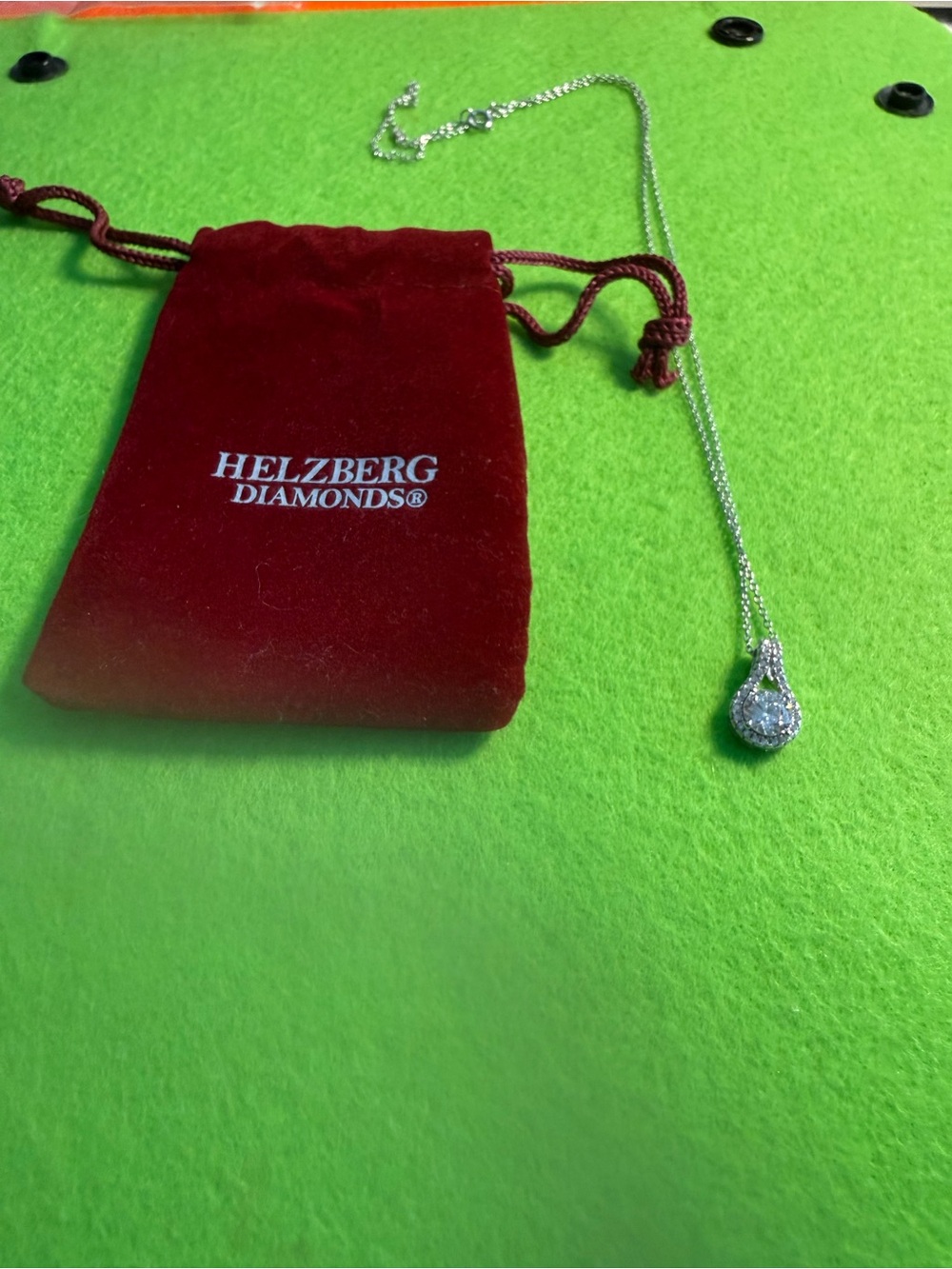 Helzberg Diamonds Red Velvet Pouch with Silver Teardrop Pendant Necklace